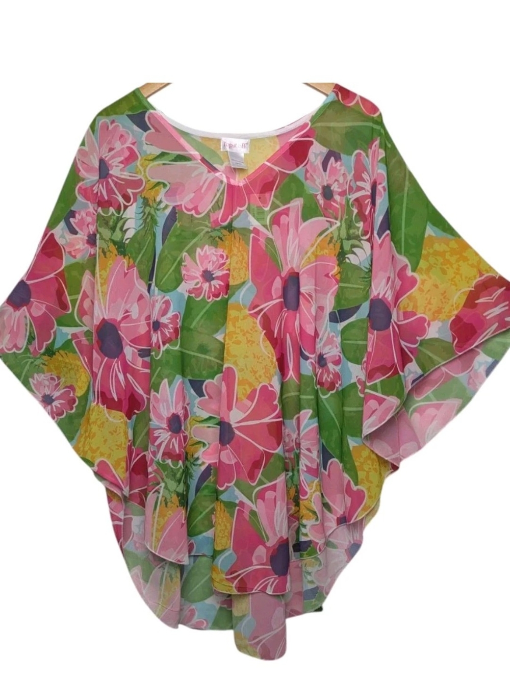 Flowing Pink & Green Floral Women's Tunic Poncho Kimono Top